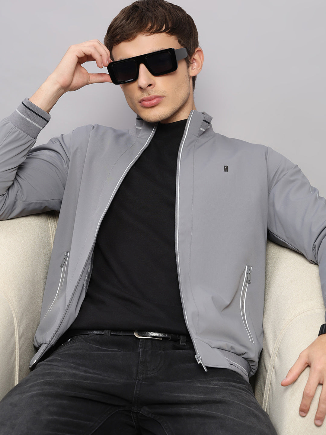 Luxuria Men Grey Solid Mock Neck Full Sleeve Jacket