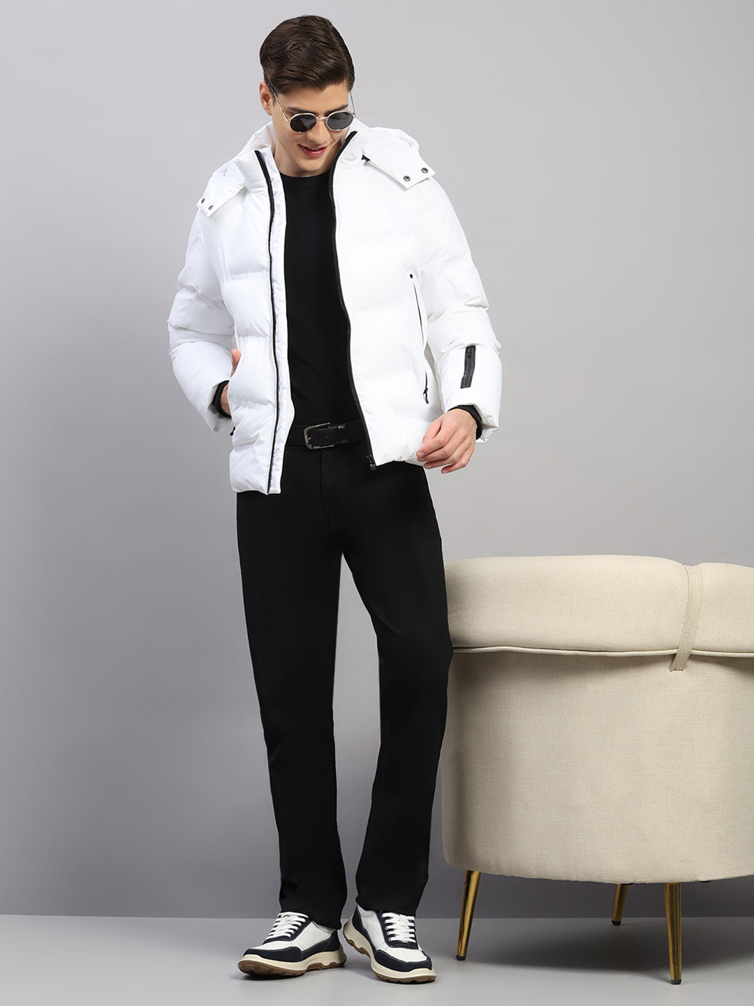 Luxuria Men White Solid Hooded Full Sleeve Jacket