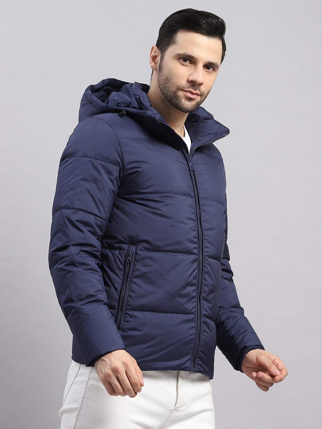 Luxuria Men Navy Blue Compressible Duck Down Hooded Jacket