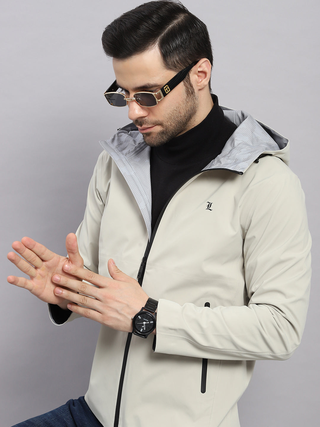 Luxuria Men Beige Check Hooded Full Sleeve Reversible Jacket