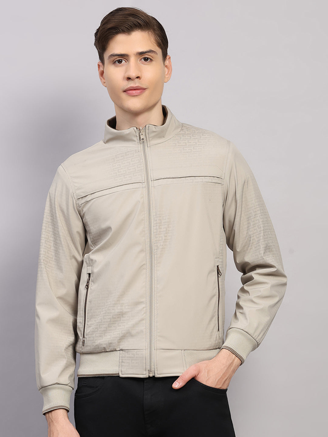 Buy Luxuria Men Beige Solid Collar Full Sleeve Jacket Online in