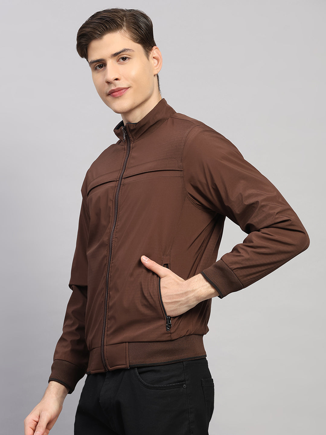 Luxuria Men Brown Solid Collar Full Sleeve Reversible Jacket