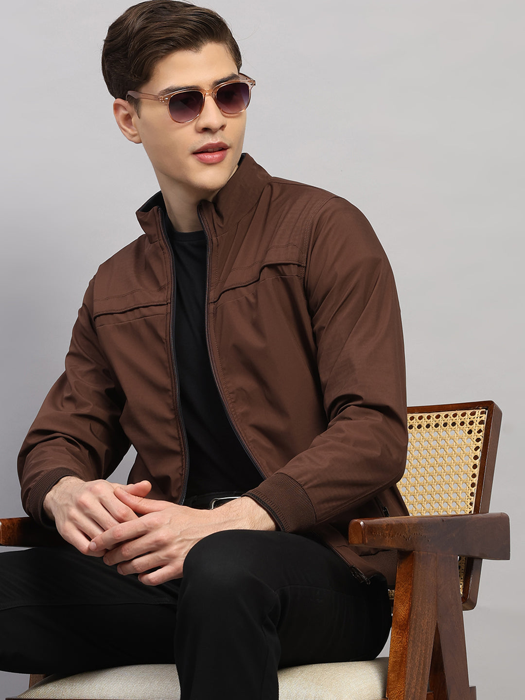 Luxuria Men Brown Solid Collar Full Sleeve Reversible Jacket