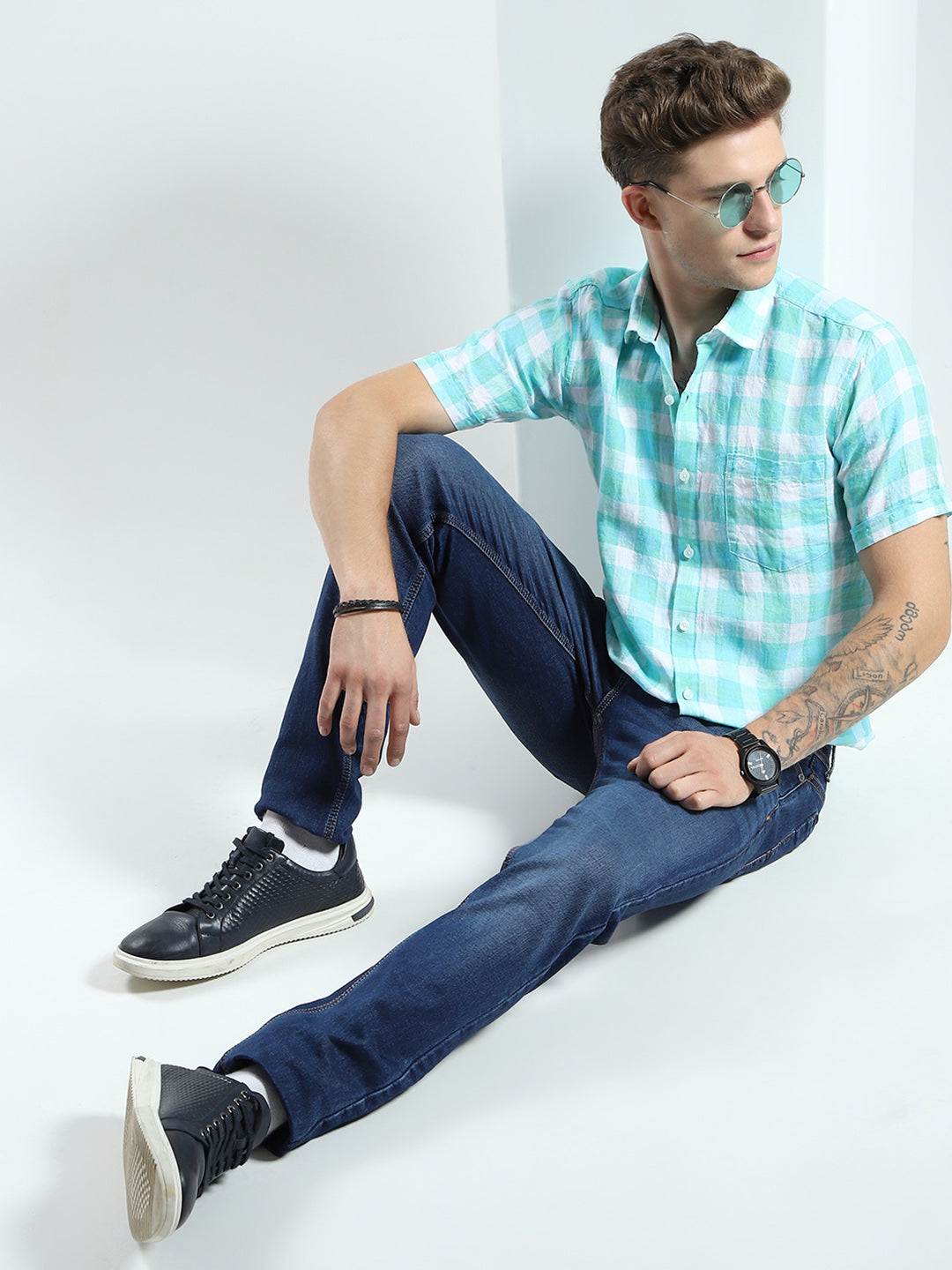 Men Green Check Collar Half Sleeve Linen Shirt
