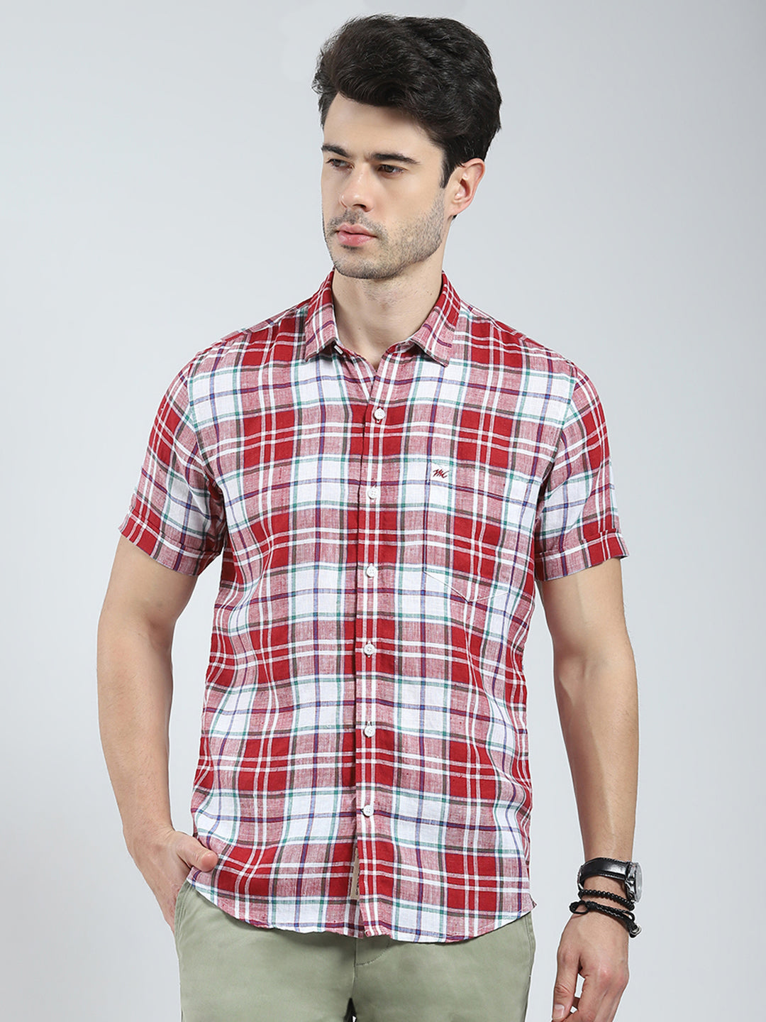 Men Red Check Collar Half Sleeve Linen Shirt
