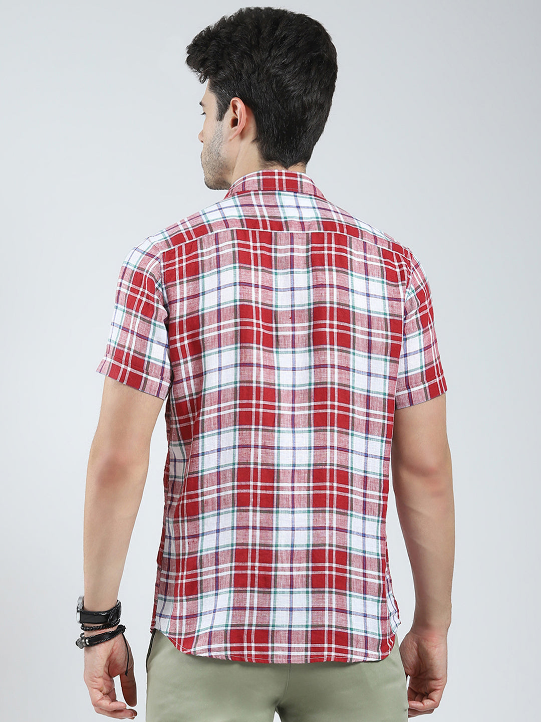 Men Red Check Collar Half Sleeve Linen Shirt