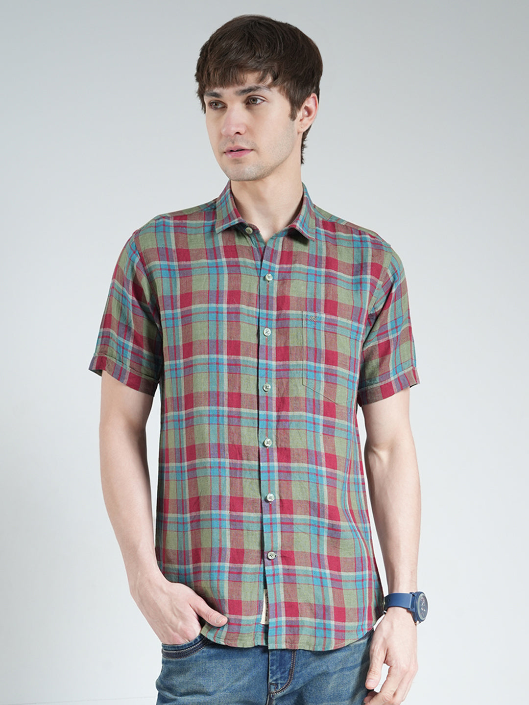 Men Olive Check Collar Half Sleeve Linen Shirt