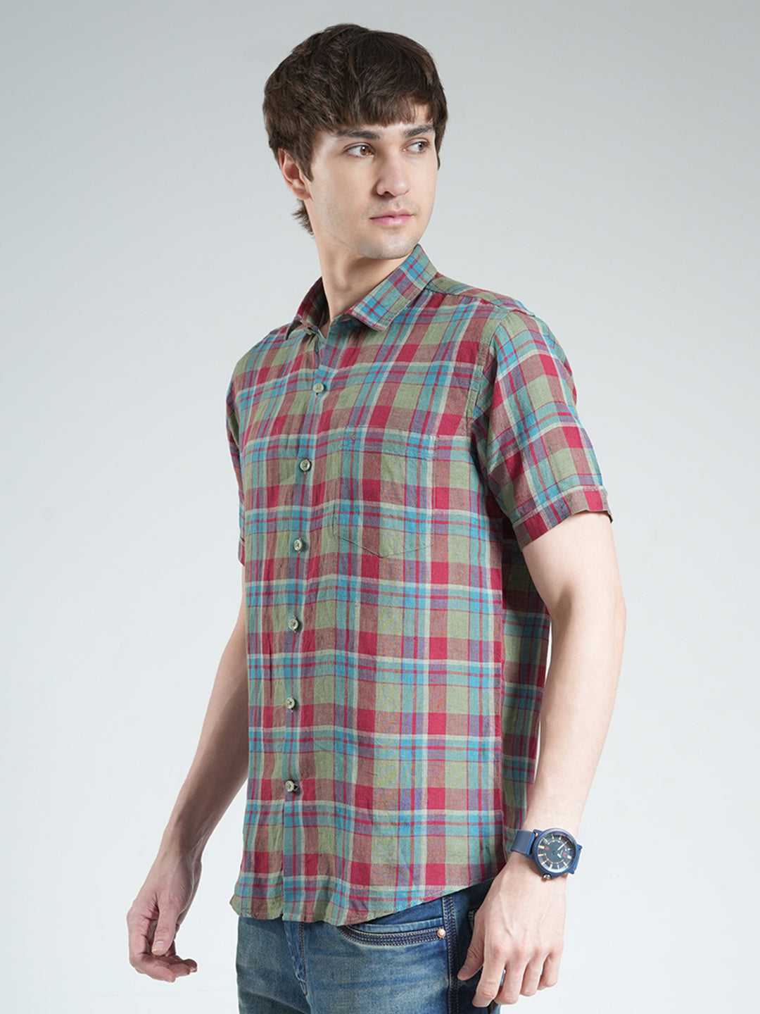Men Olive Check Collar Half Sleeve Linen Shirt