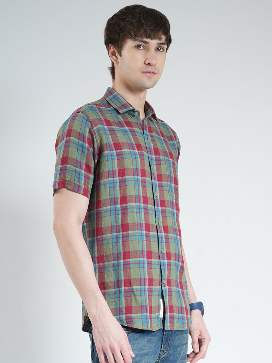 Men Olive Check Collar Half Sleeve Linen Shirt