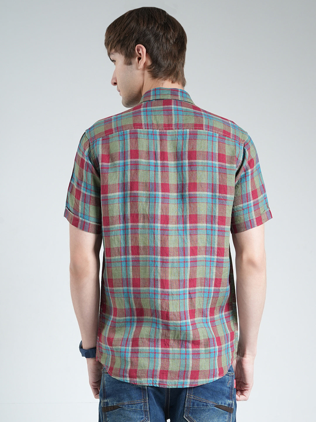 Men Olive Check Collar Half Sleeve Linen Shirt