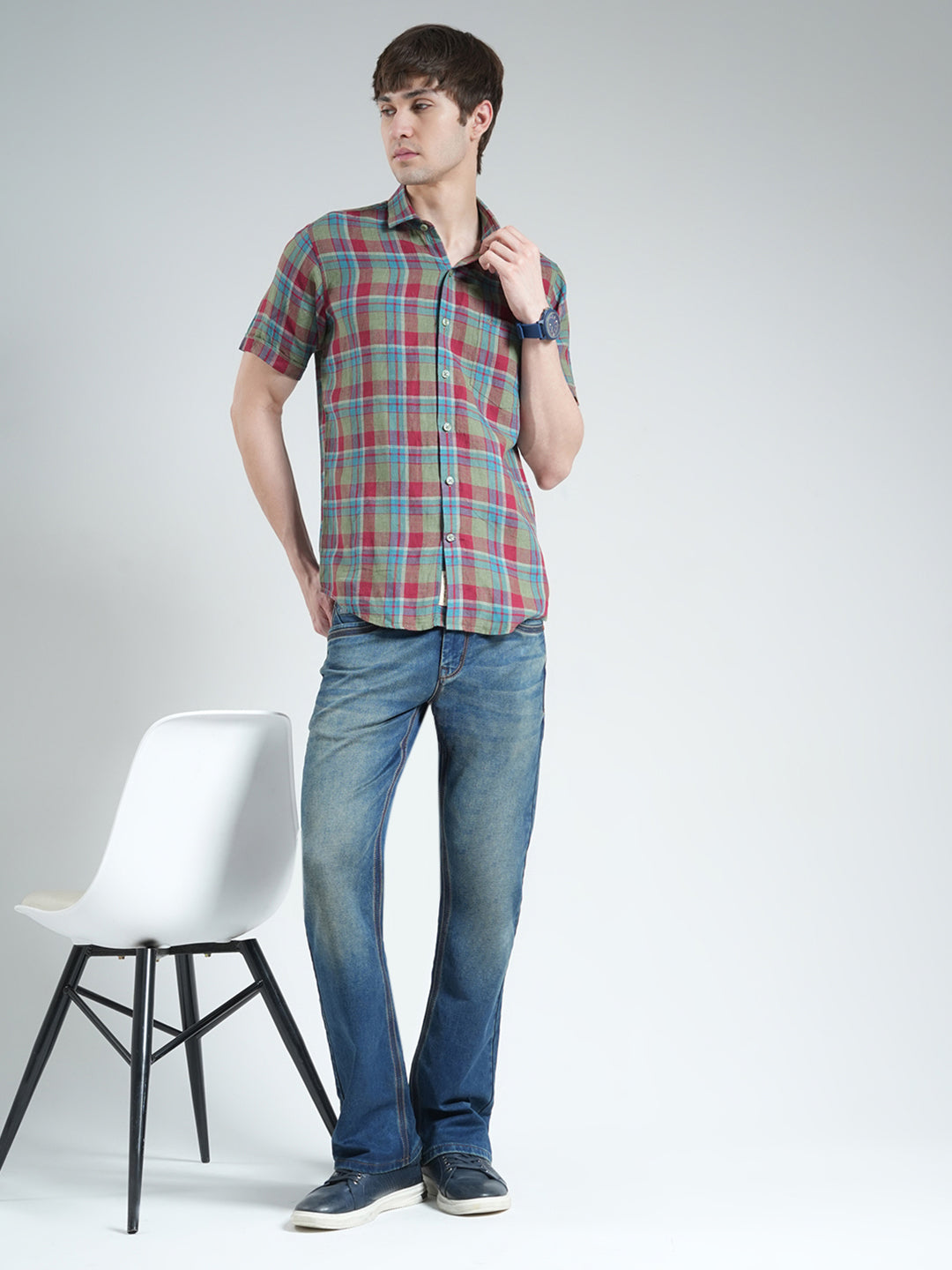 Men Olive Check Collar Half Sleeve Linen Shirt