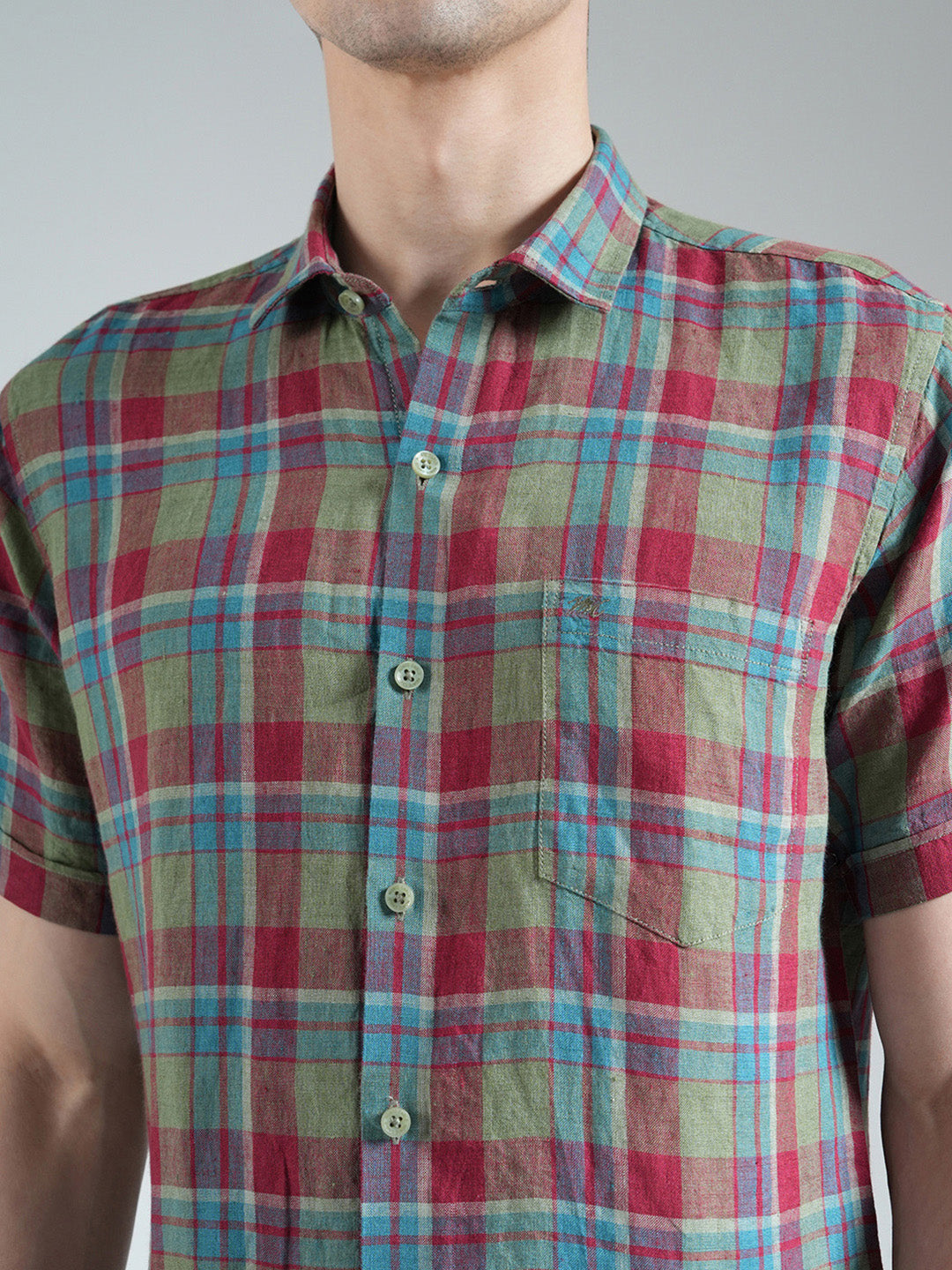 Men Olive Check Collar Half Sleeve Linen Shirt