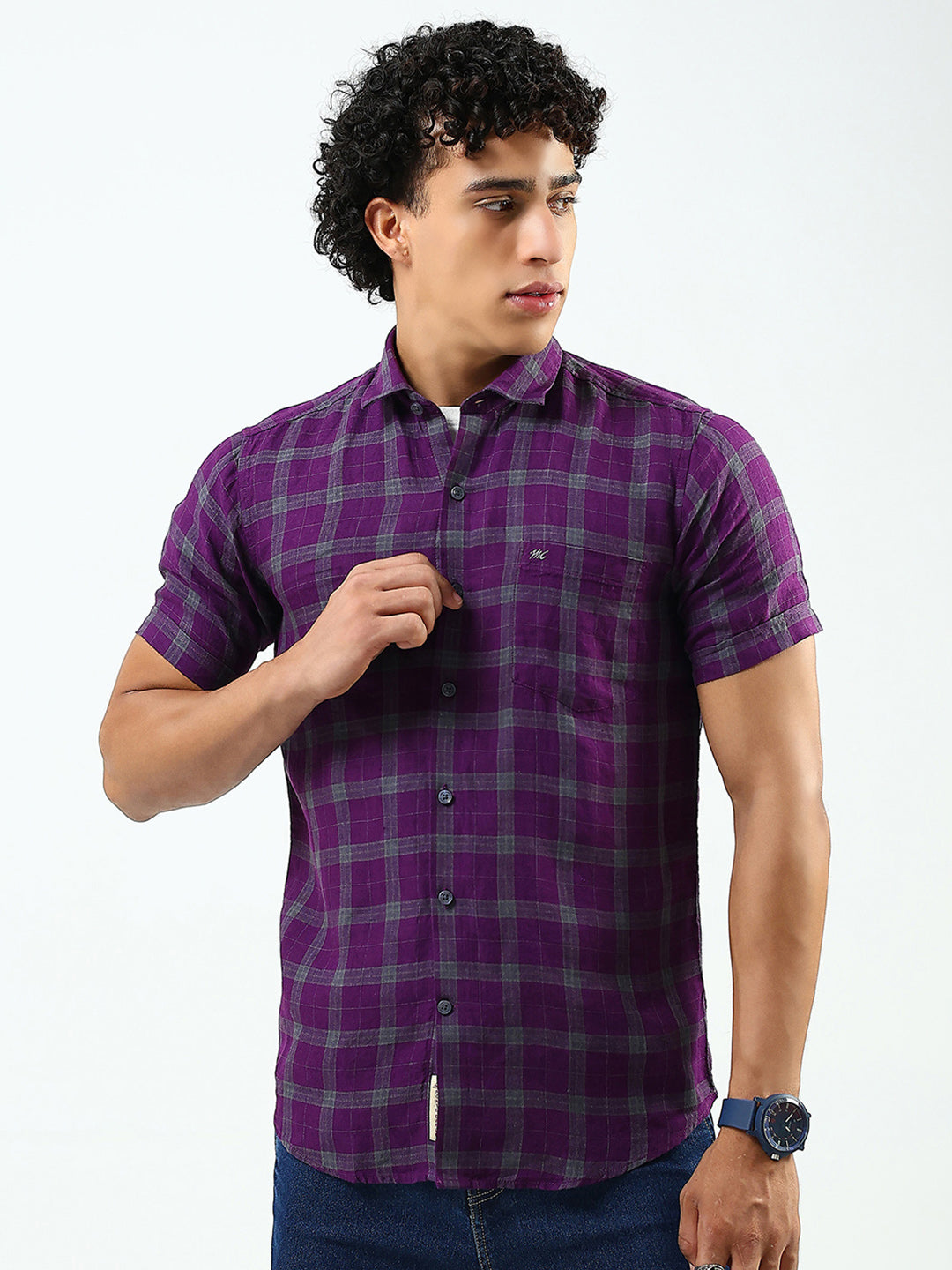Men Purple Check Collar Half Sleeve Linen Shirt