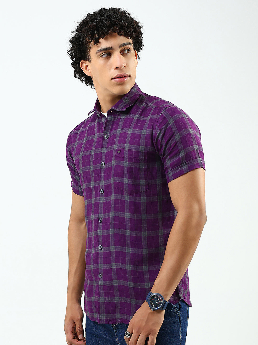 Men Purple Check Collar Half Sleeve Linen Shirt