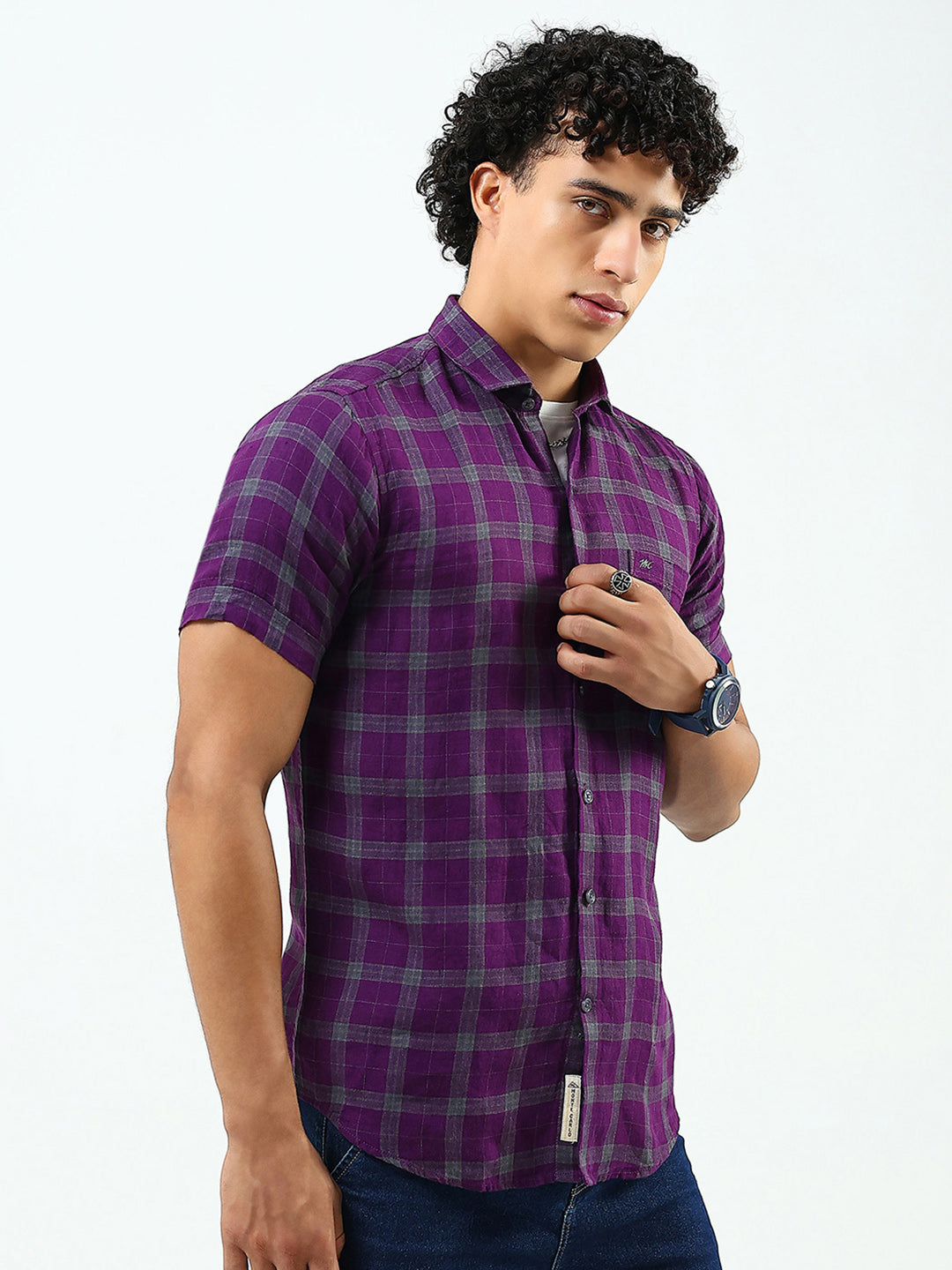 Men Purple Check Collar Half Sleeve Linen Shirt