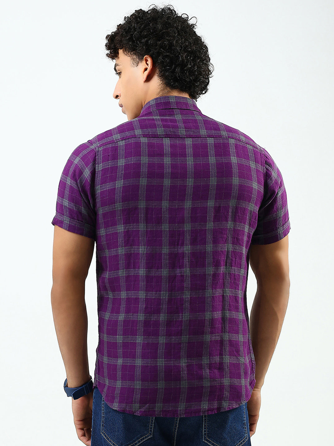 Men Purple Check Collar Half Sleeve Linen Shirt