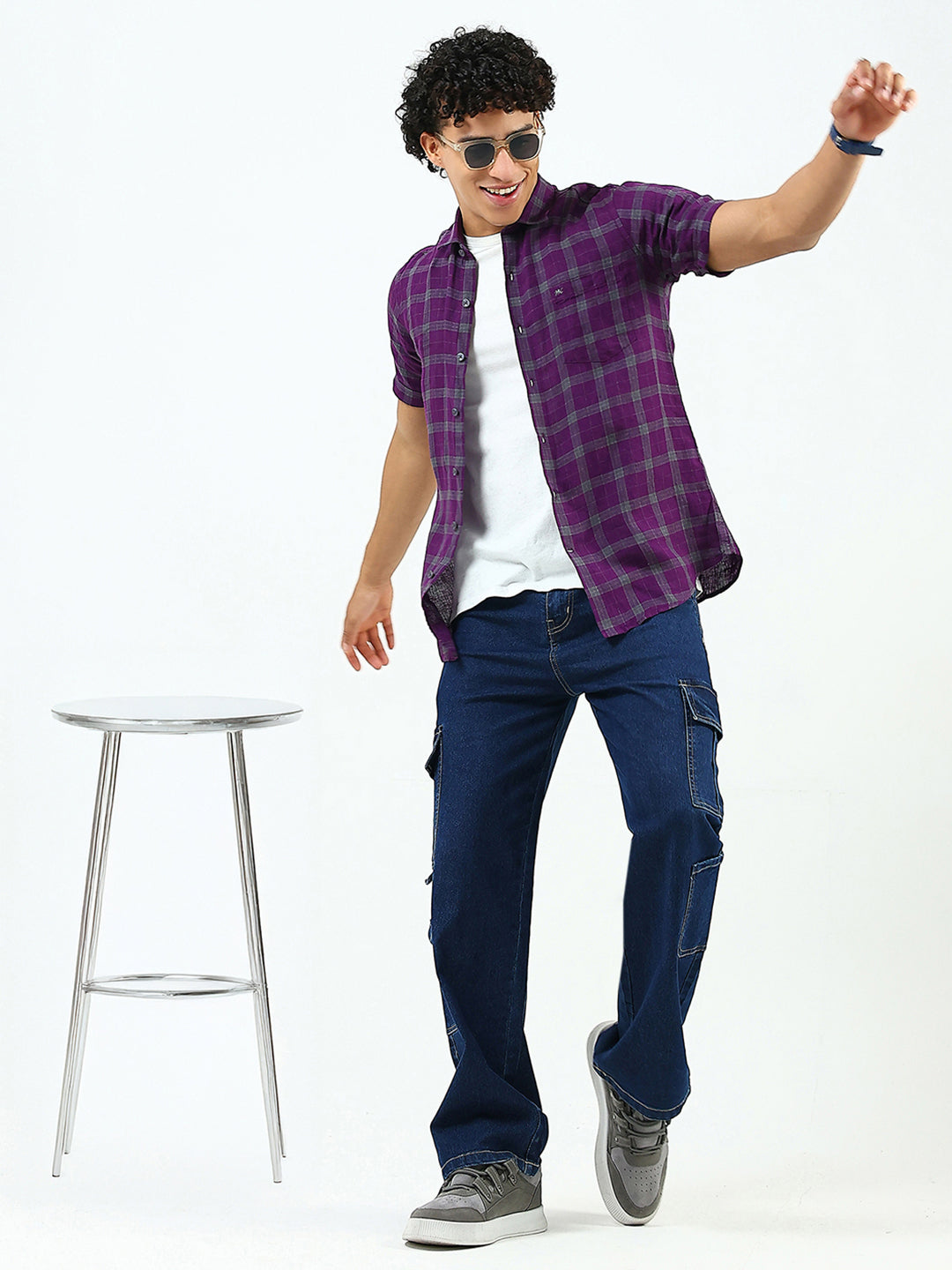 Men Purple Check Collar Half Sleeve Linen Shirt