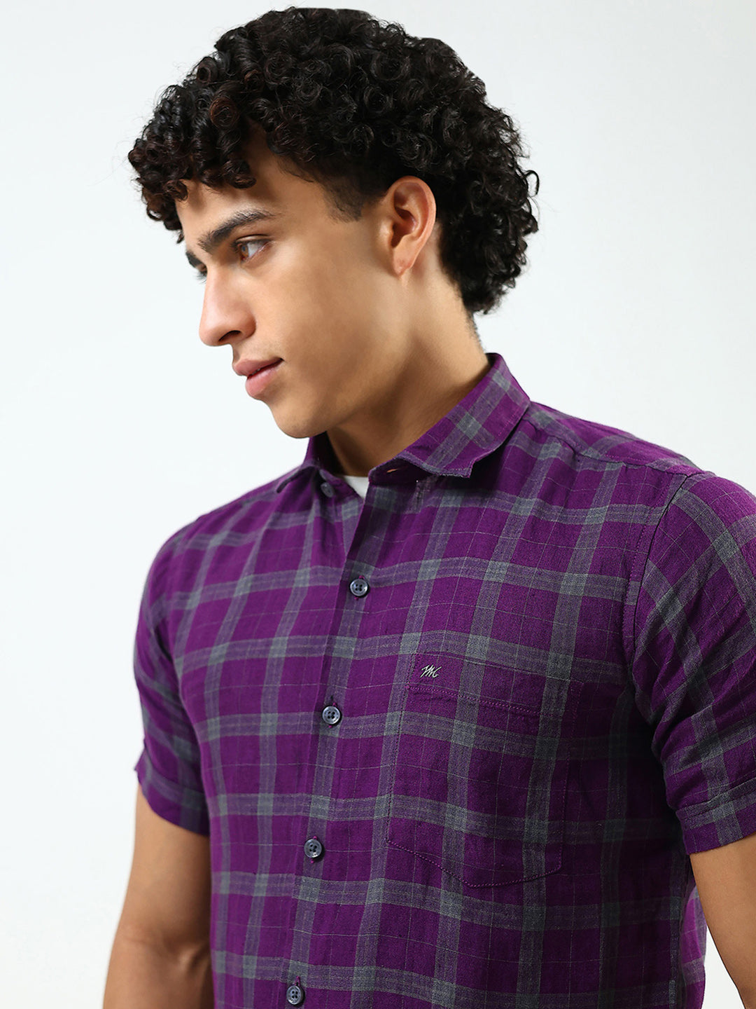 Men Purple Check Collar Half Sleeve Linen Shirt