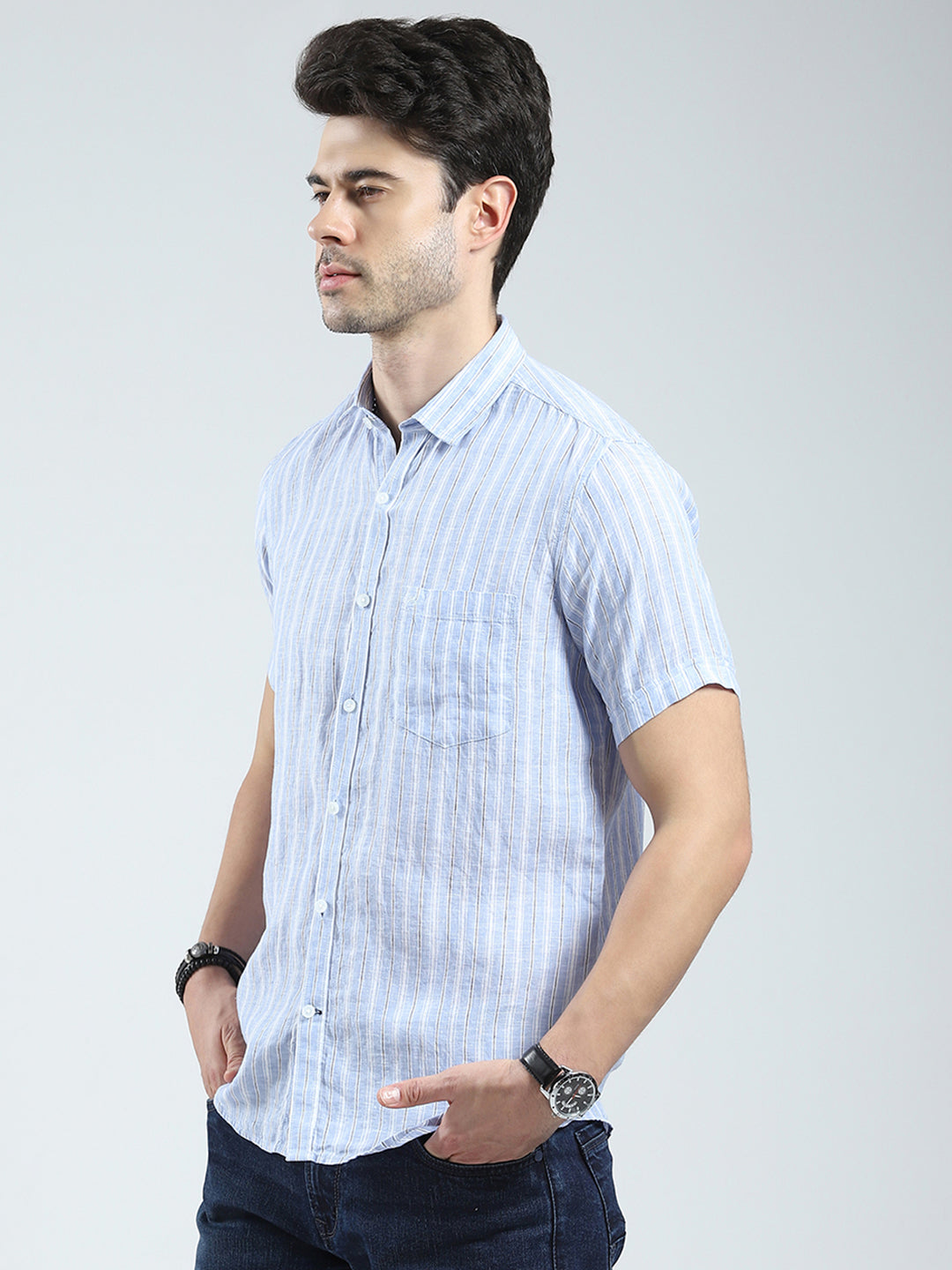 Men Blue Check Collar Half Sleeve Linen Shirt