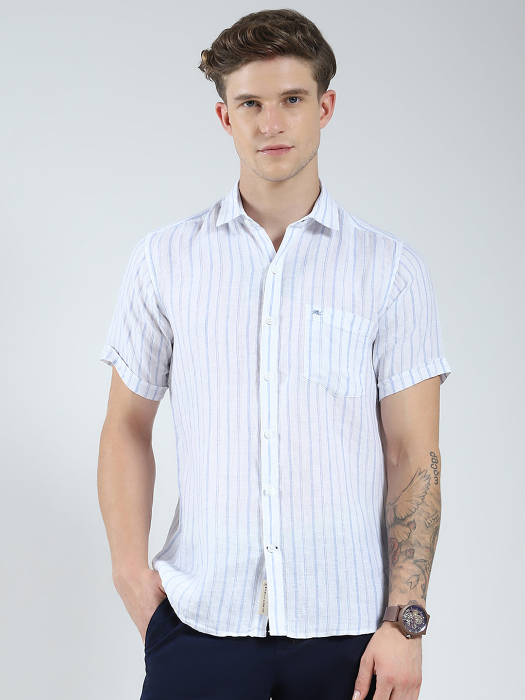 Men White Stripe Collar Half Sleeve Linen Shirt