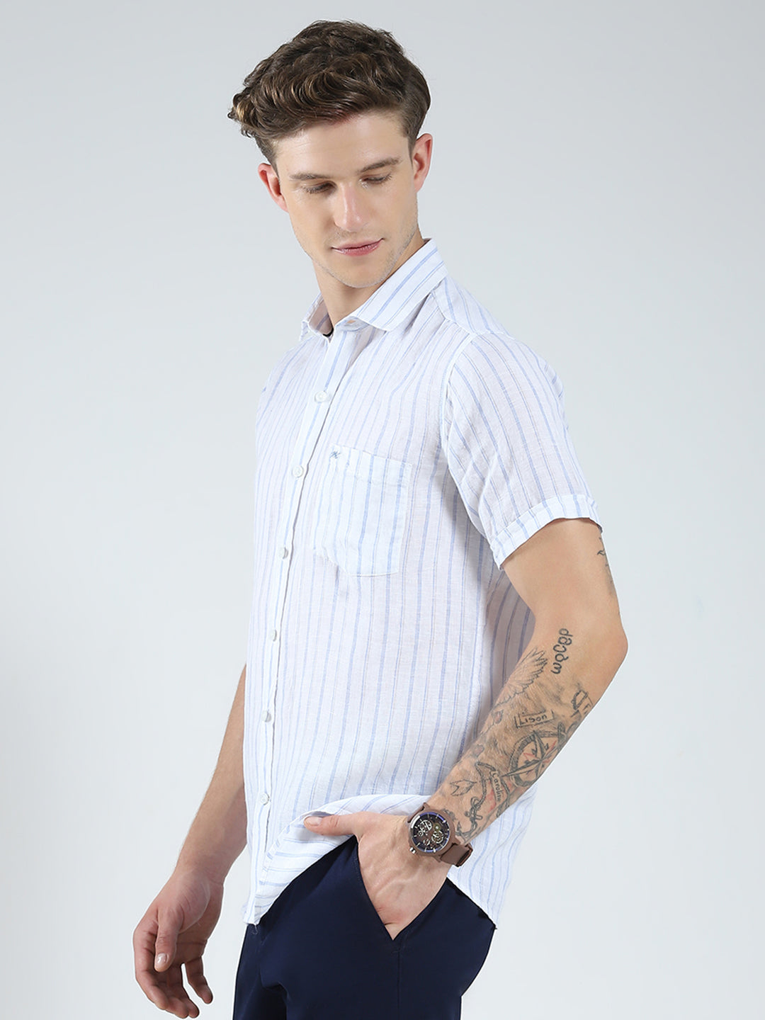 Men White Stripe Collar Half Sleeve Linen Shirt