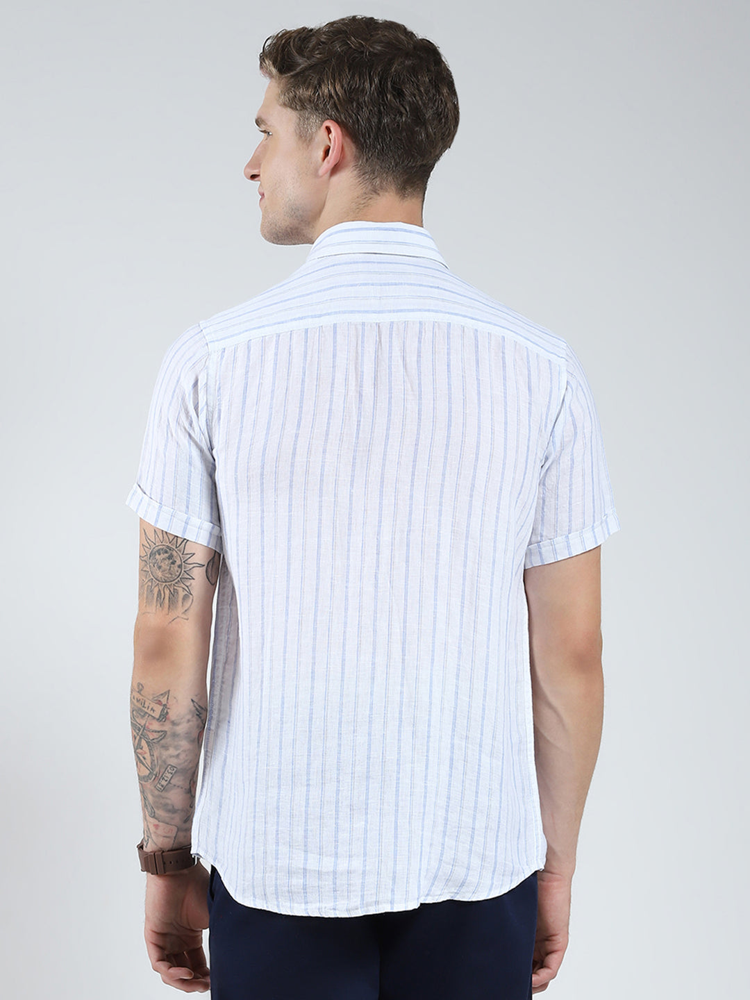 Men White Stripe Collar Half Sleeve Linen Shirt