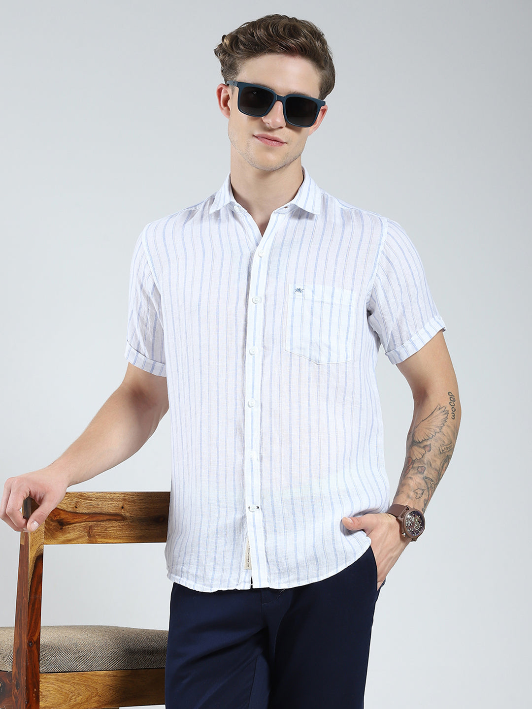 Men White Stripe Collar Half Sleeve Linen Shirt