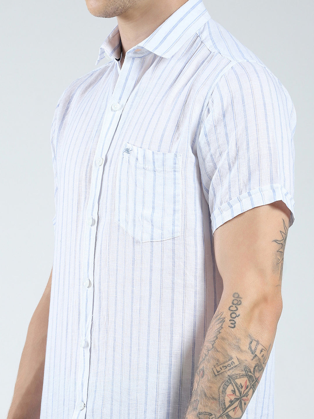 Men White Stripe Collar Half Sleeve Linen Shirt