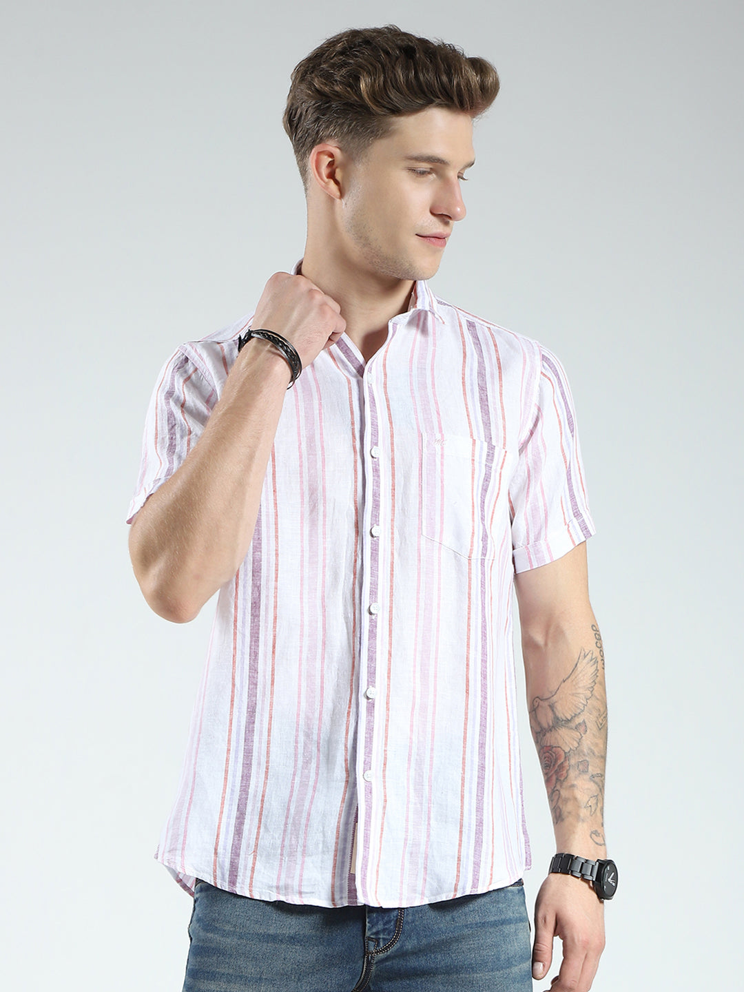 Men White Stripe Collar Half Sleeve Linen Shirt