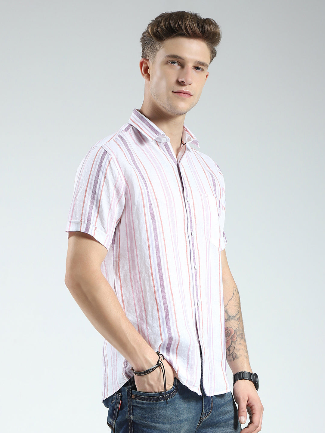 Men White Stripe Collar Half Sleeve Linen Shirt
