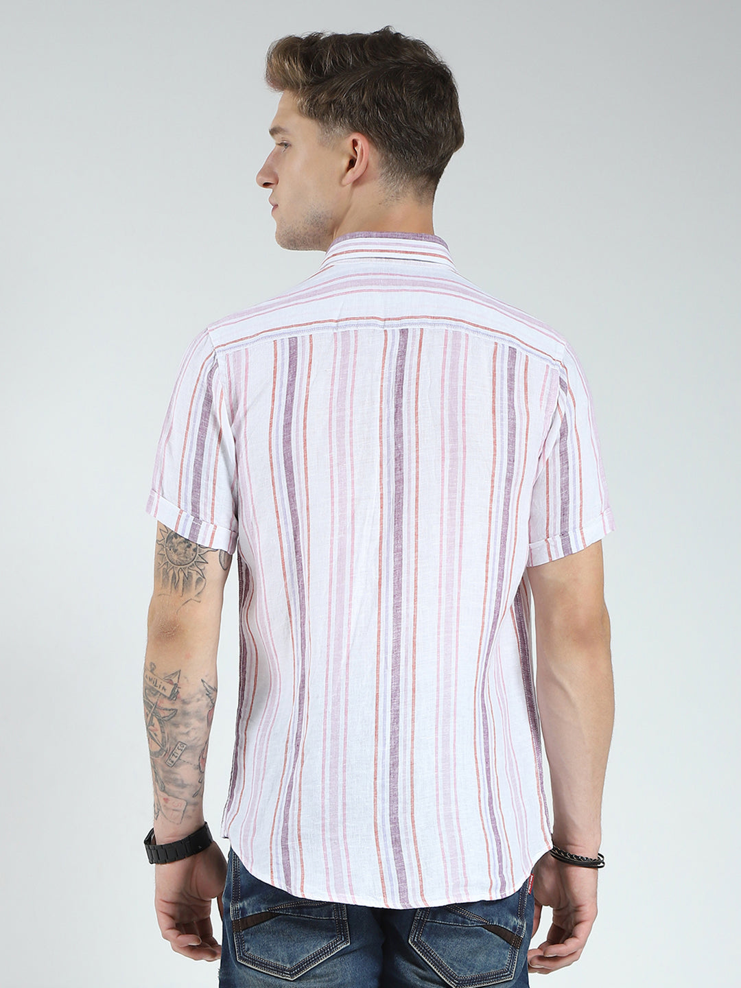 Men White Stripe Collar Half Sleeve Linen Shirt