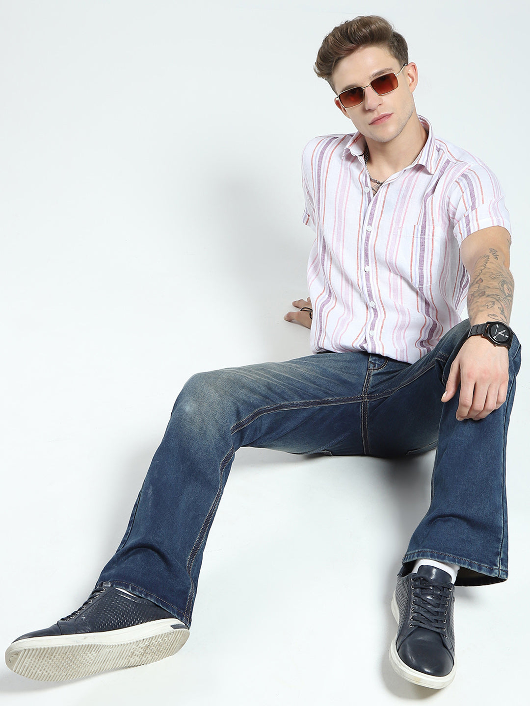 Men White Stripe Collar Half Sleeve Linen Shirt