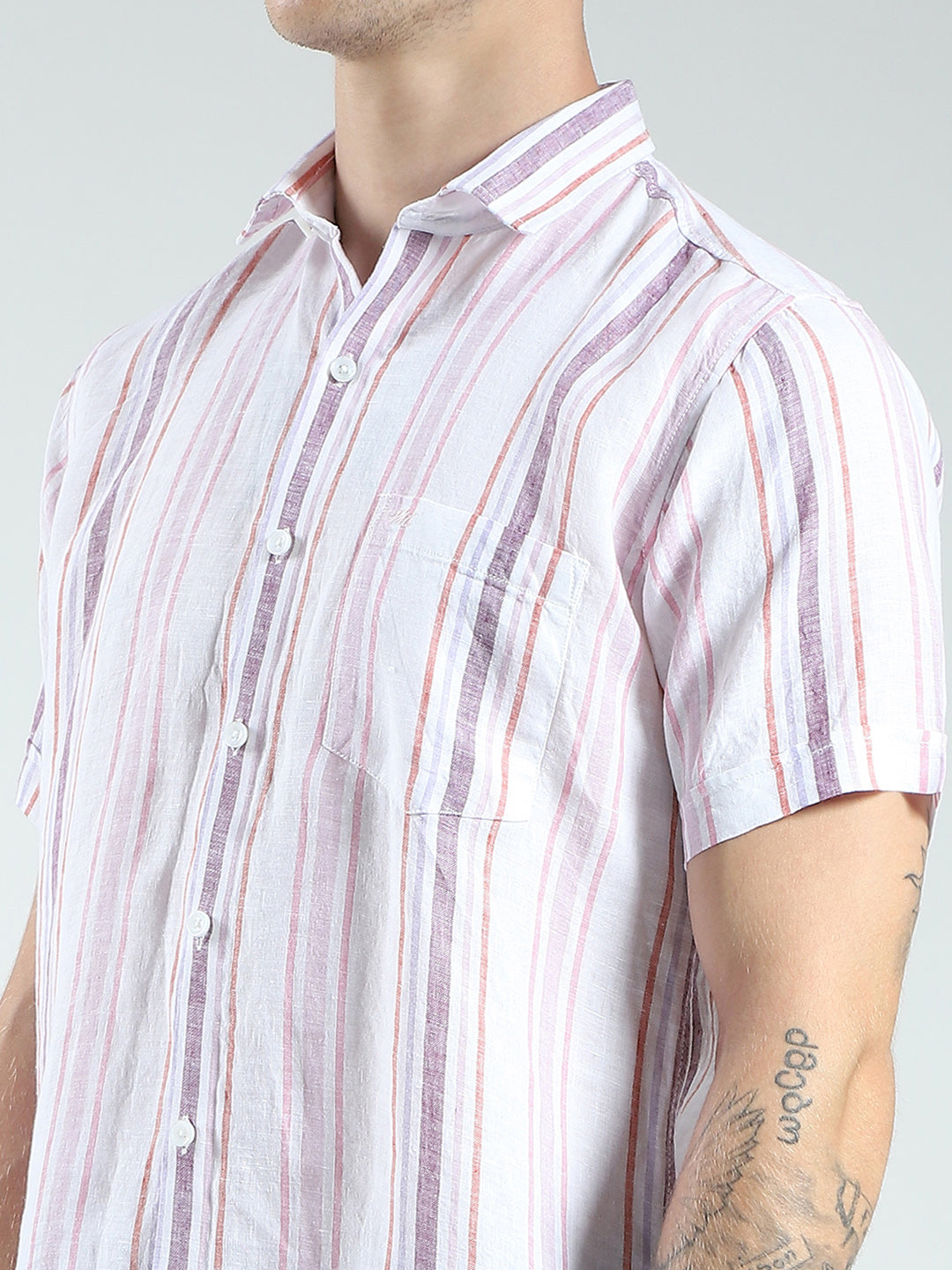 Men White Stripe Collar Half Sleeve Linen Shirt