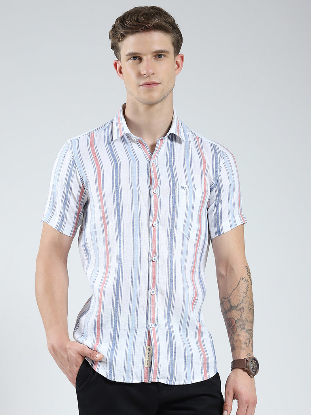 Men Blue Stripe Collar Half Sleeve Linen Shirt