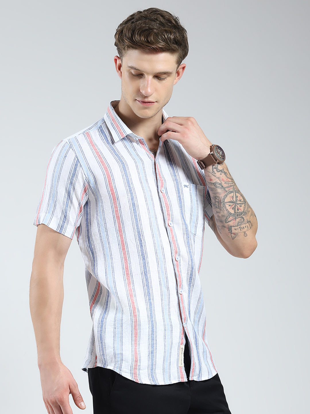 Men Blue Stripe Collar Half Sleeve Linen Shirt