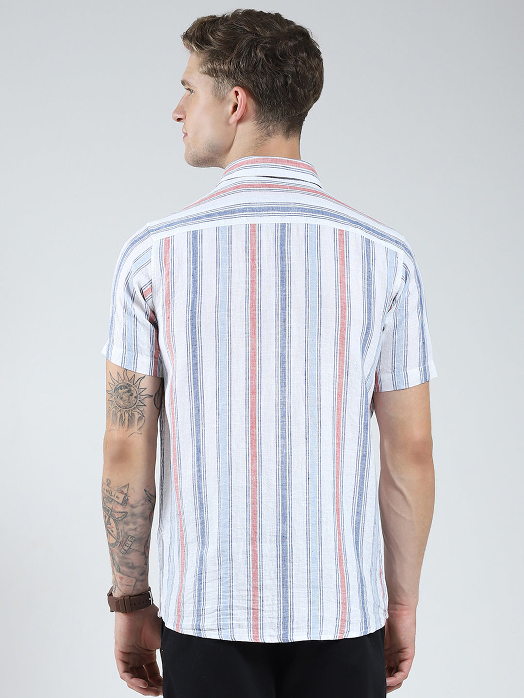 Men Blue Stripe Collar Half Sleeve Linen Shirt