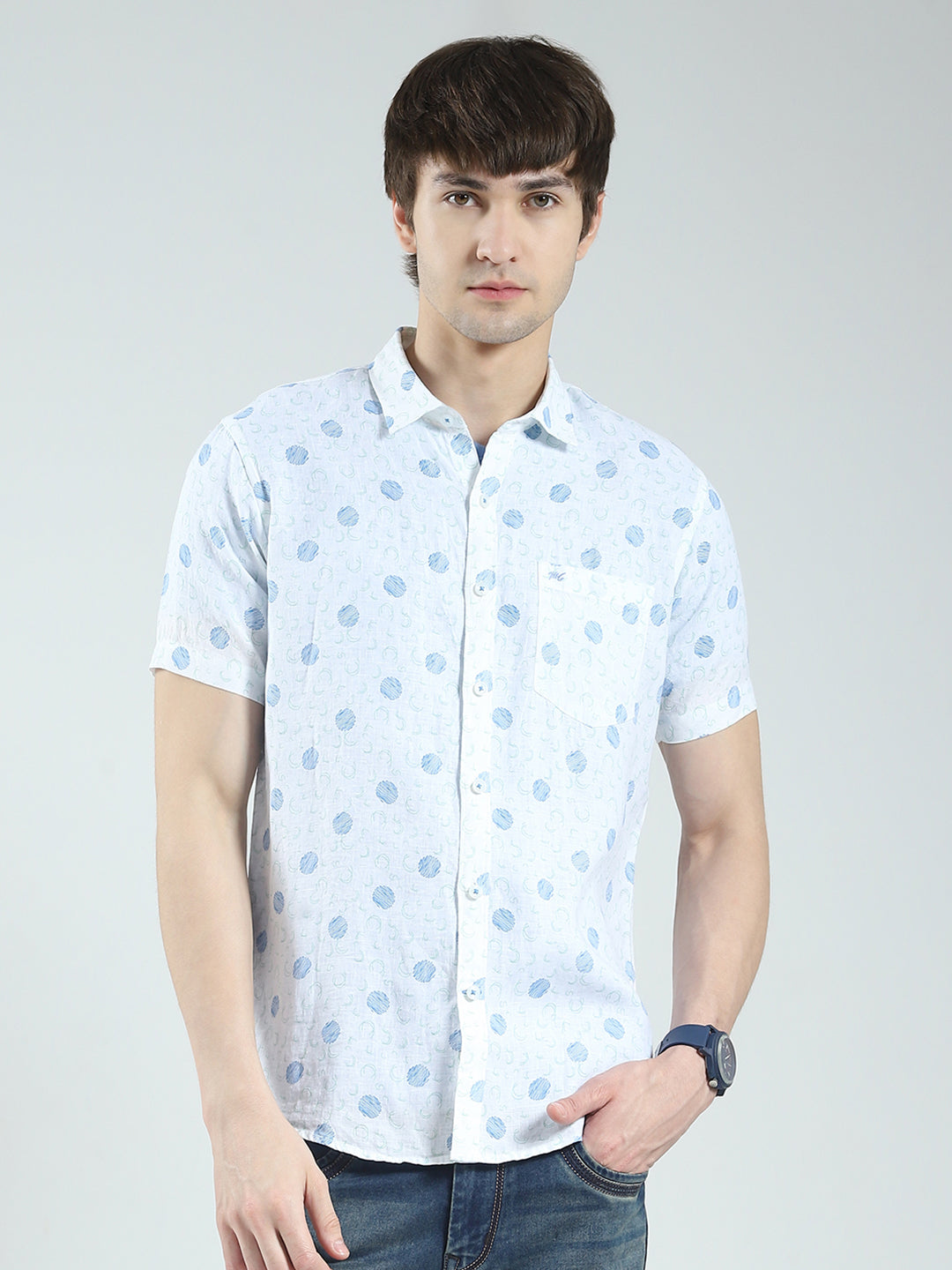 Men White Printed Collar Half Sleeve Linen Shirt