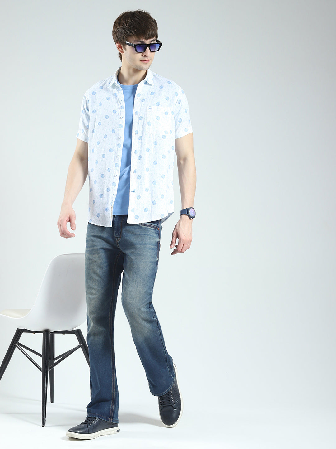Men White Printed Collar Half Sleeve Linen Shirt