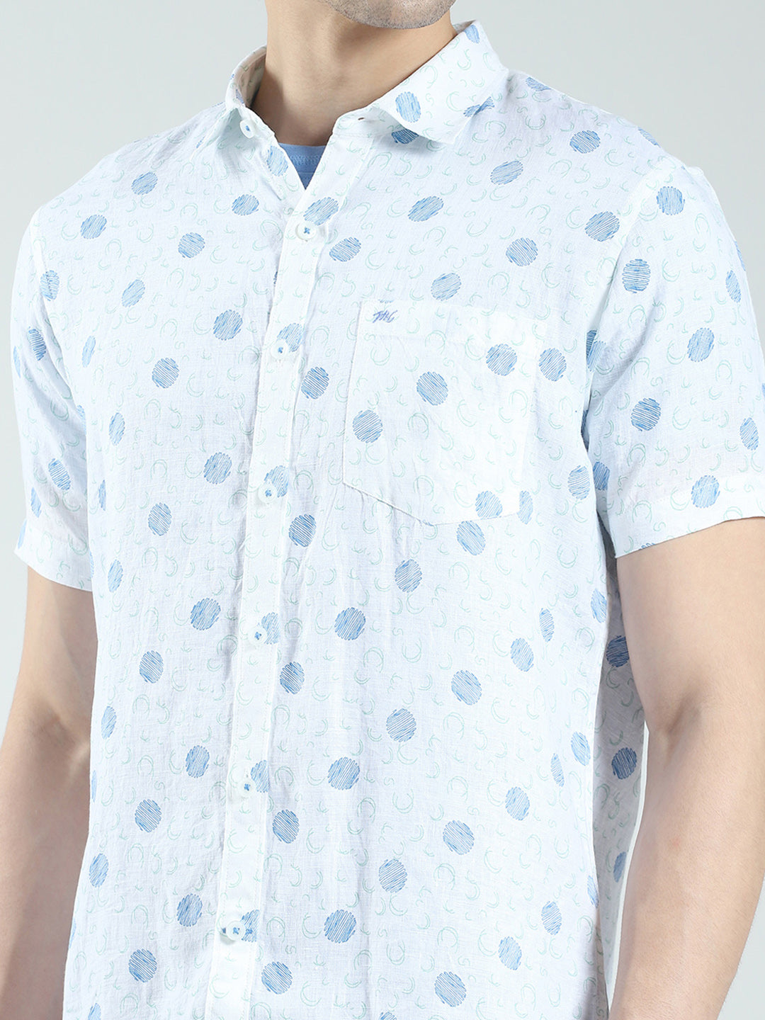 Men White Printed Collar Half Sleeve Linen Shirt