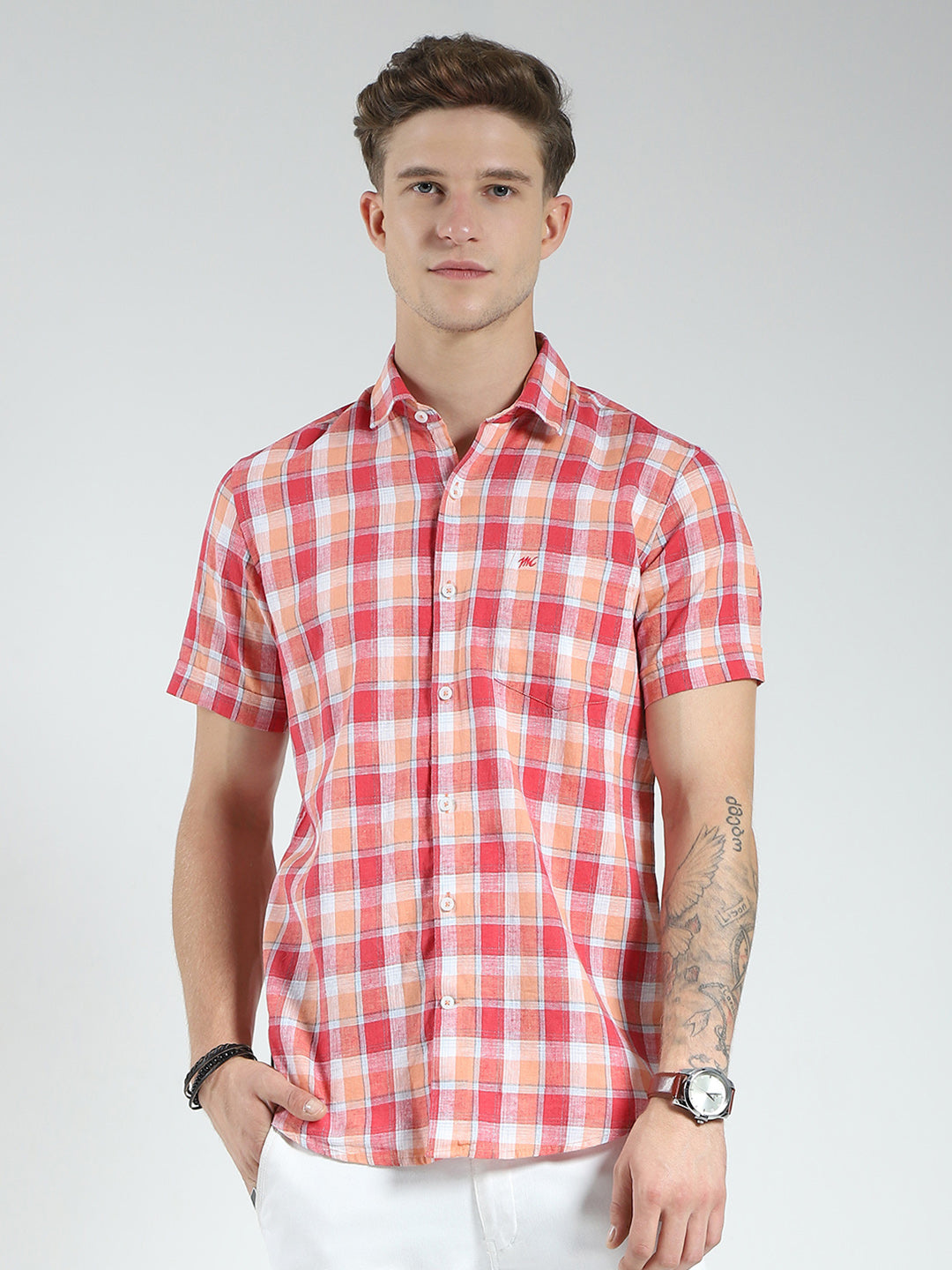 Men Orange Check Collar Half Sleeve Linen Shirt