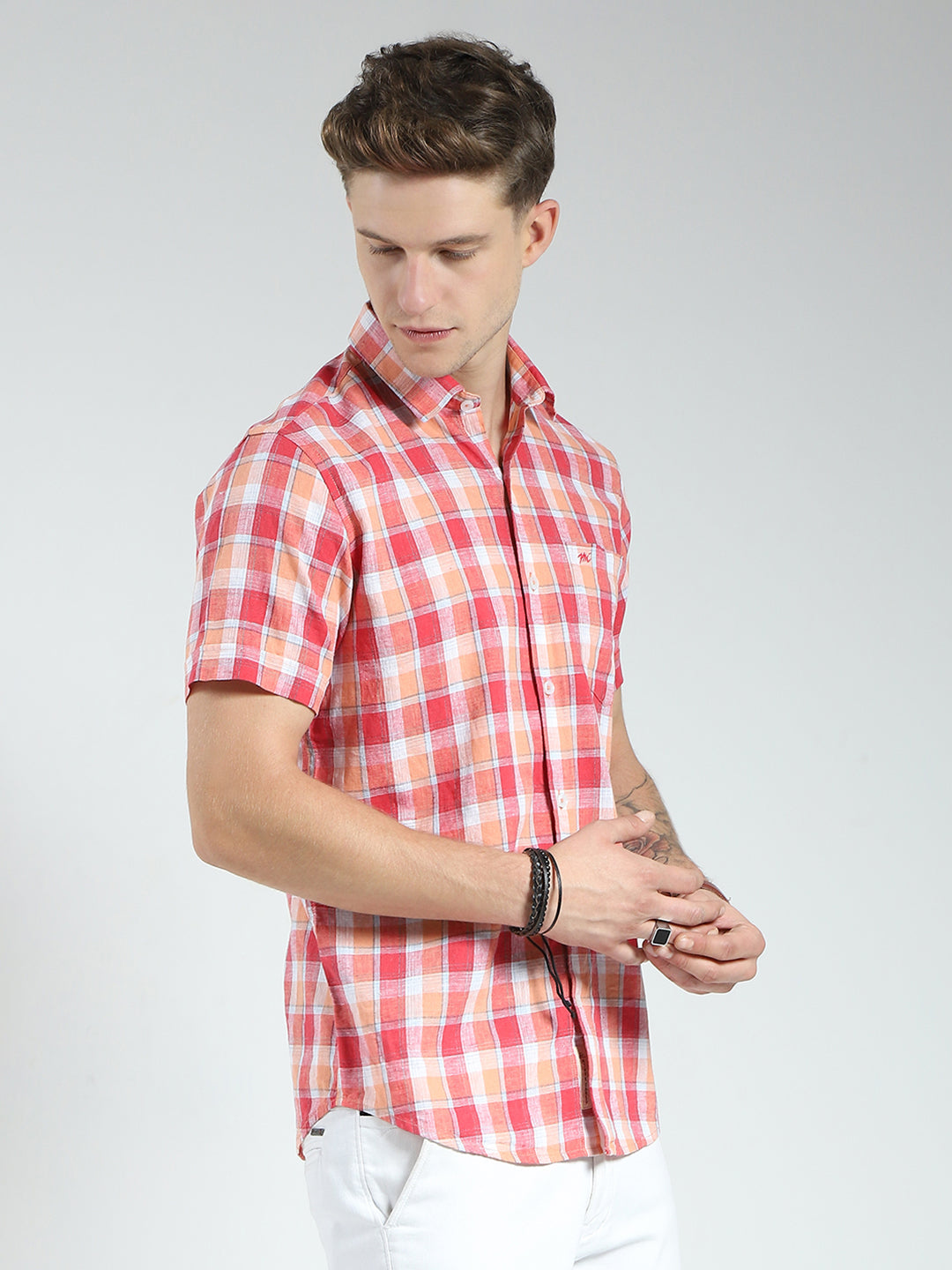 Men Orange Check Collar Half Sleeve Linen Shirt