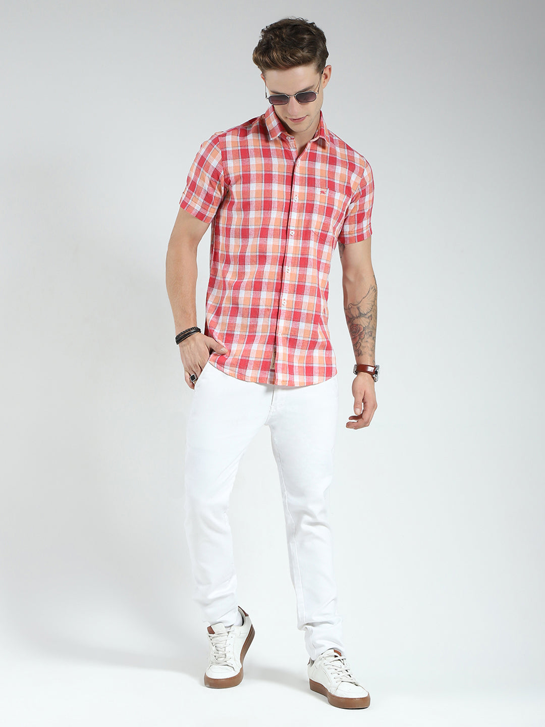 Men Orange Check Collar Half Sleeve Linen Shirt