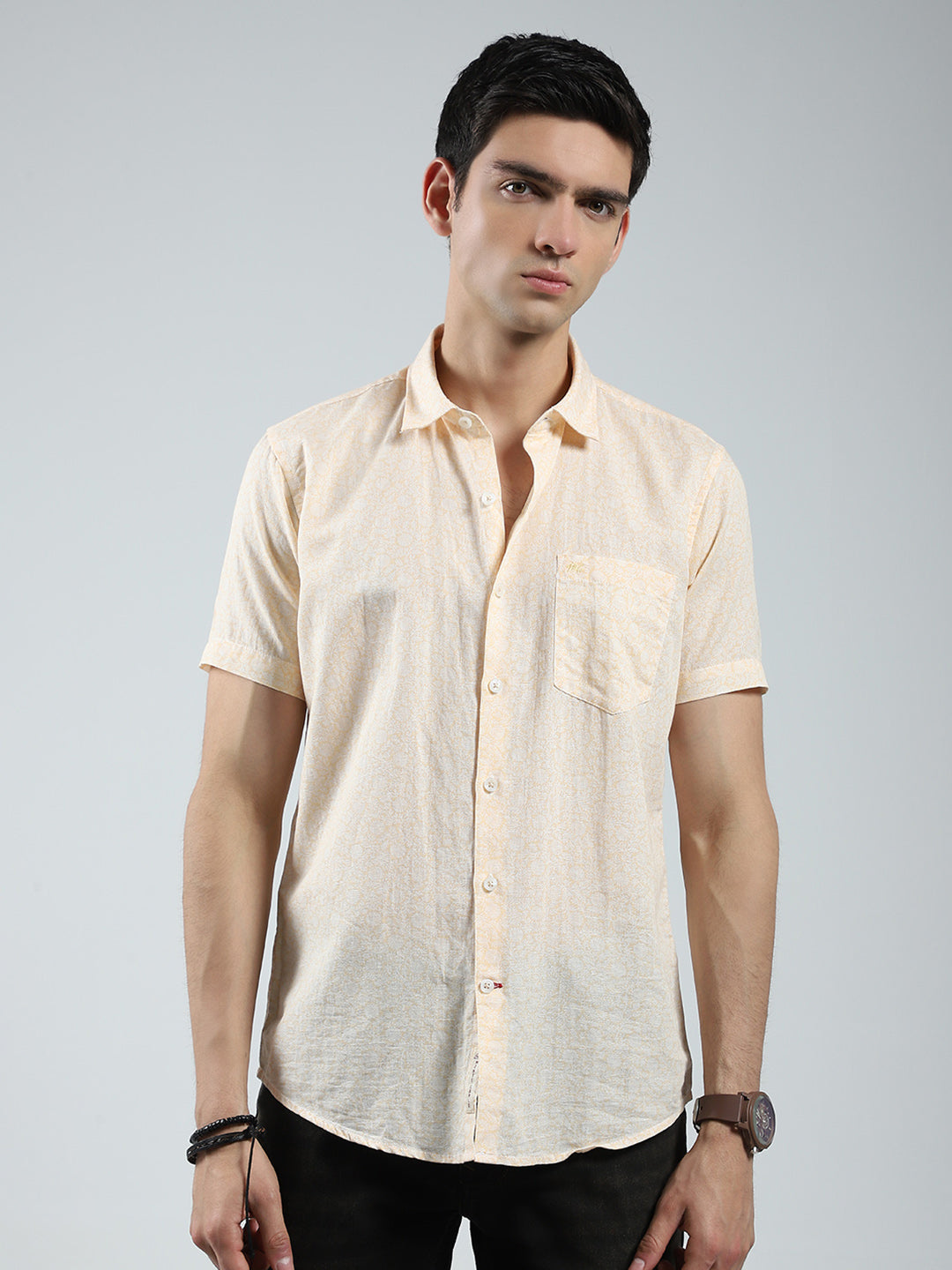 Men Beige Printed Collar Half Sleeve Linen Shirt