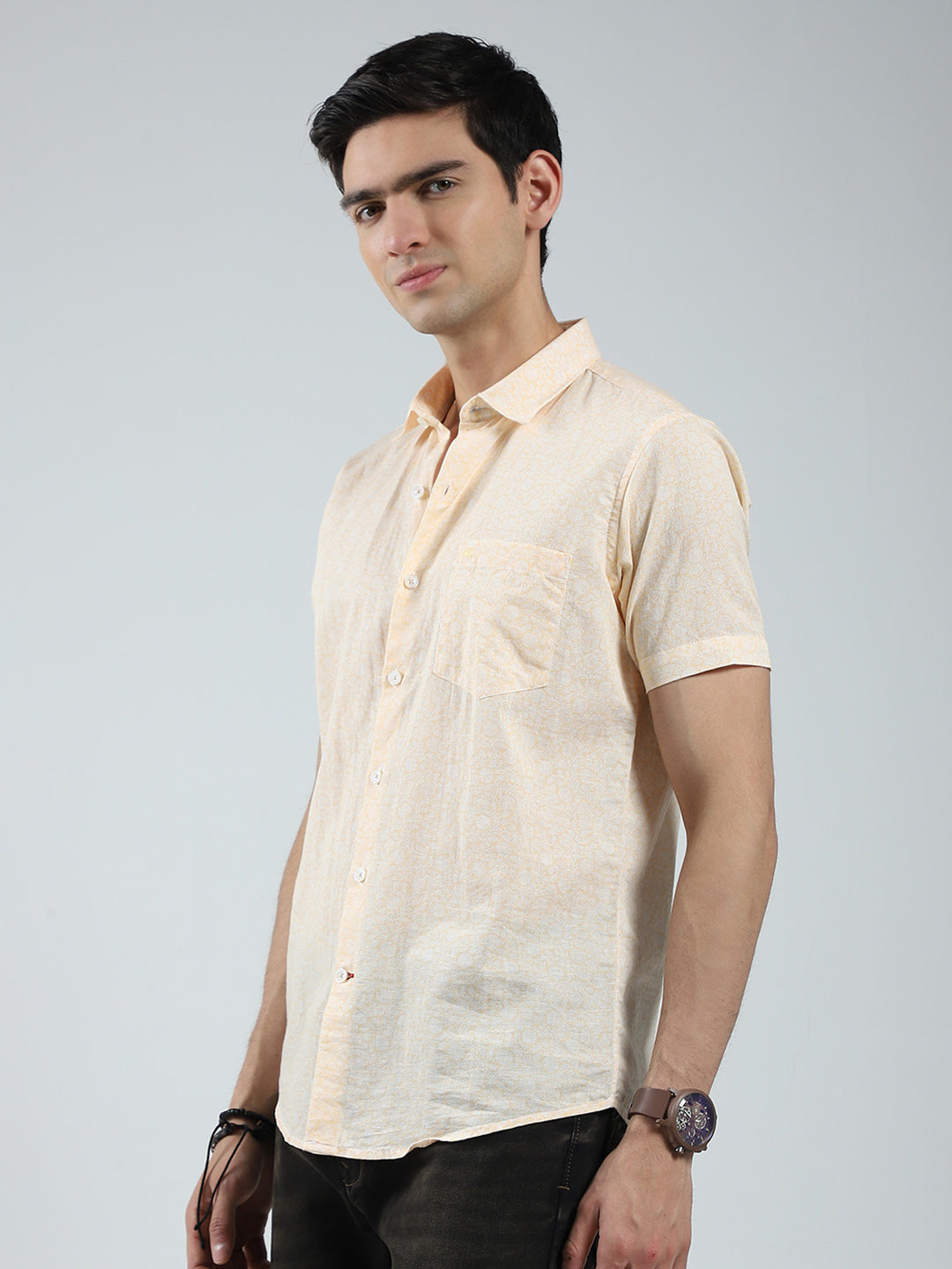 Men Beige Printed Collar Half Sleeve Linen Shirt