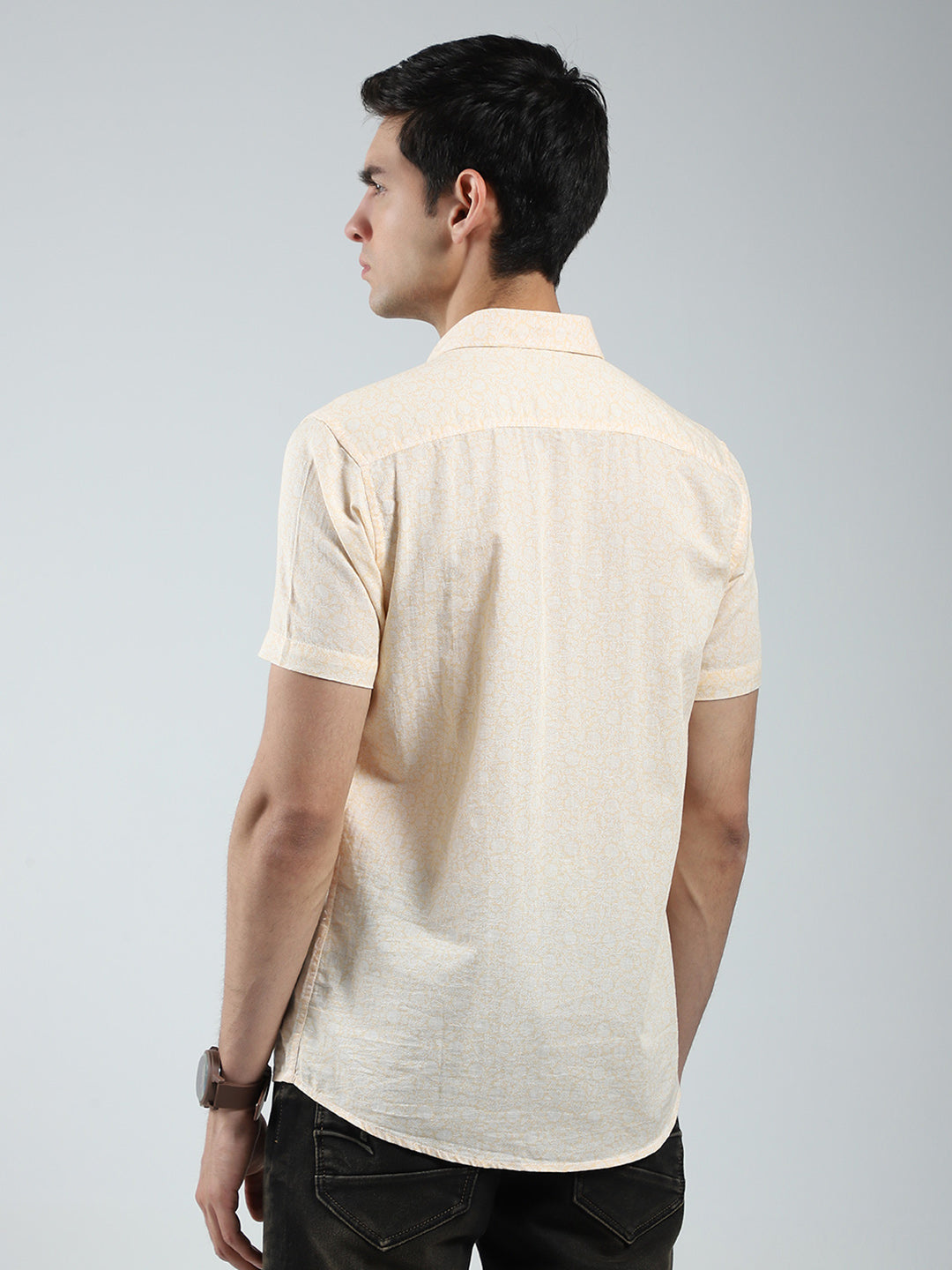 Men Beige Printed Collar Half Sleeve Linen Shirt