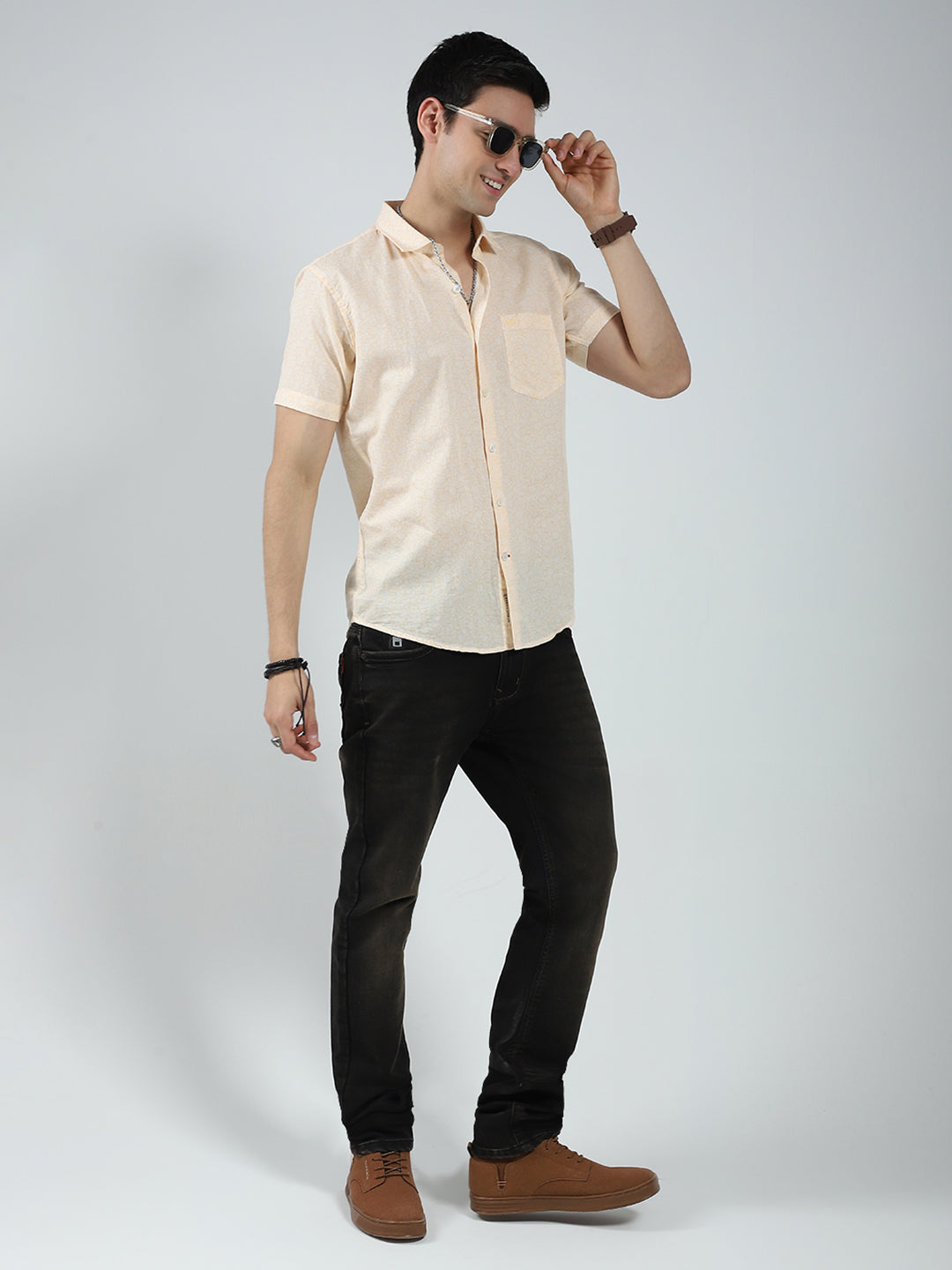 Men Beige Printed Collar Half Sleeve Linen Shirt