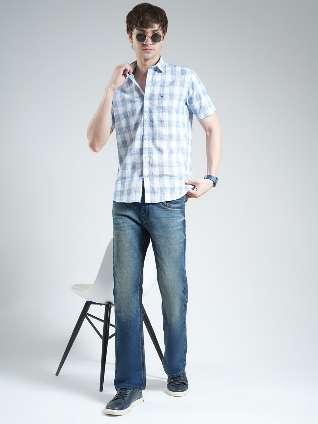 Men Blue Check Collar Half Sleeve Linen Shirt