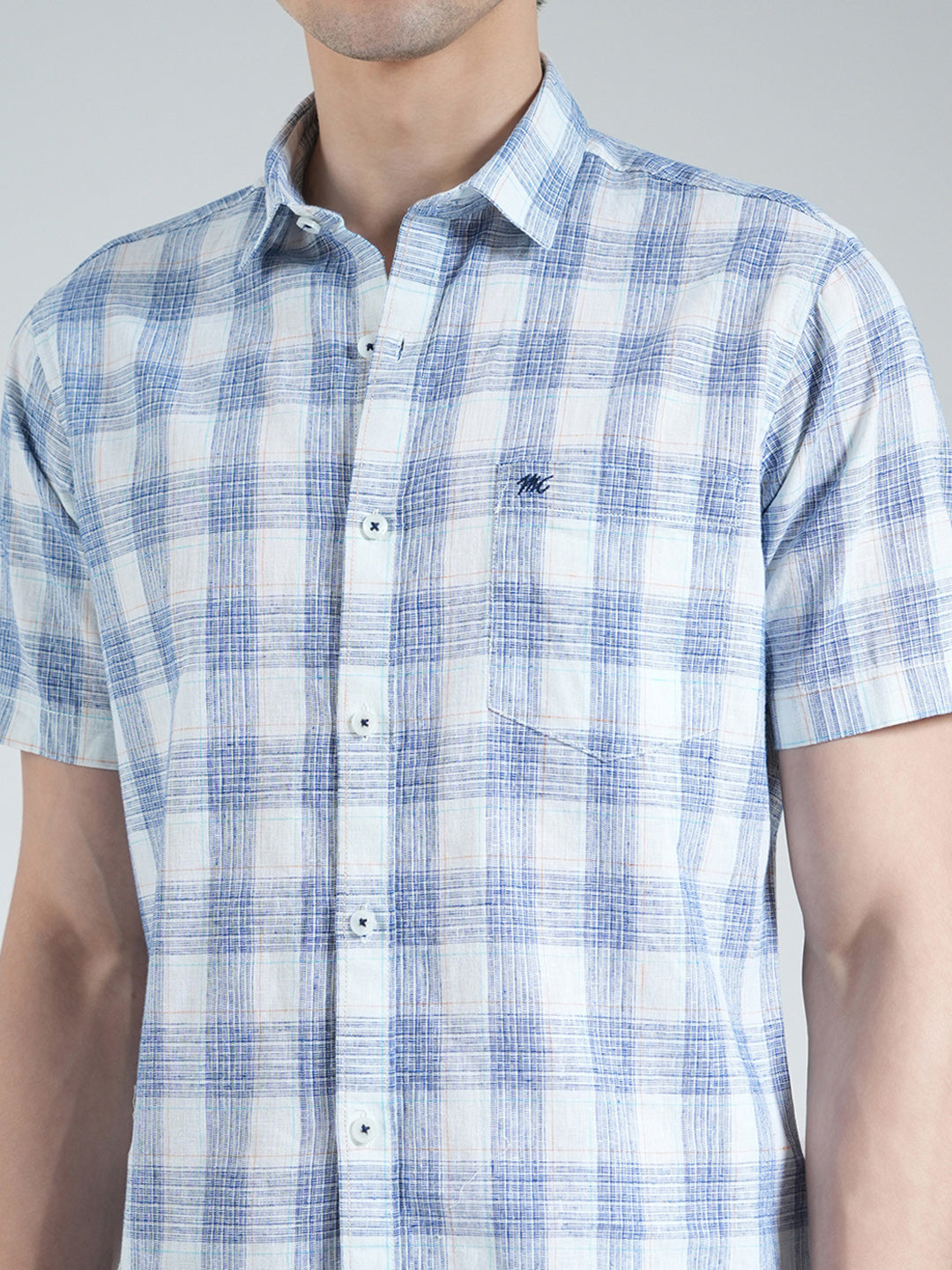 Men Blue Check Collar Half Sleeve Linen Shirt