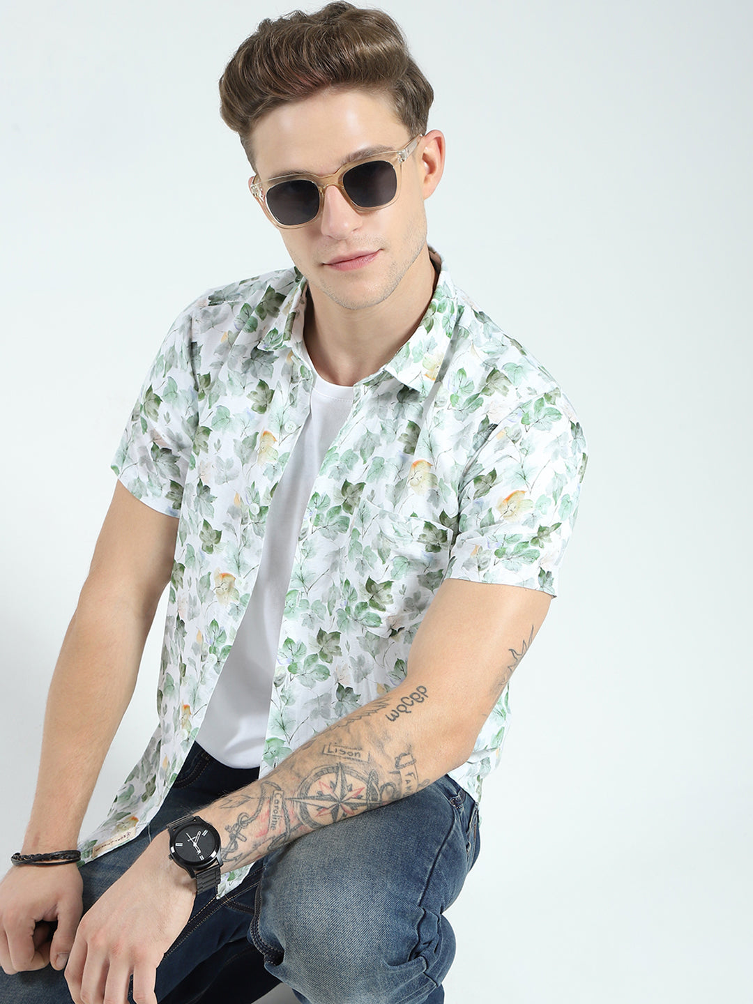 Men Green Printed Collar Half Sleeve Linen Shirt