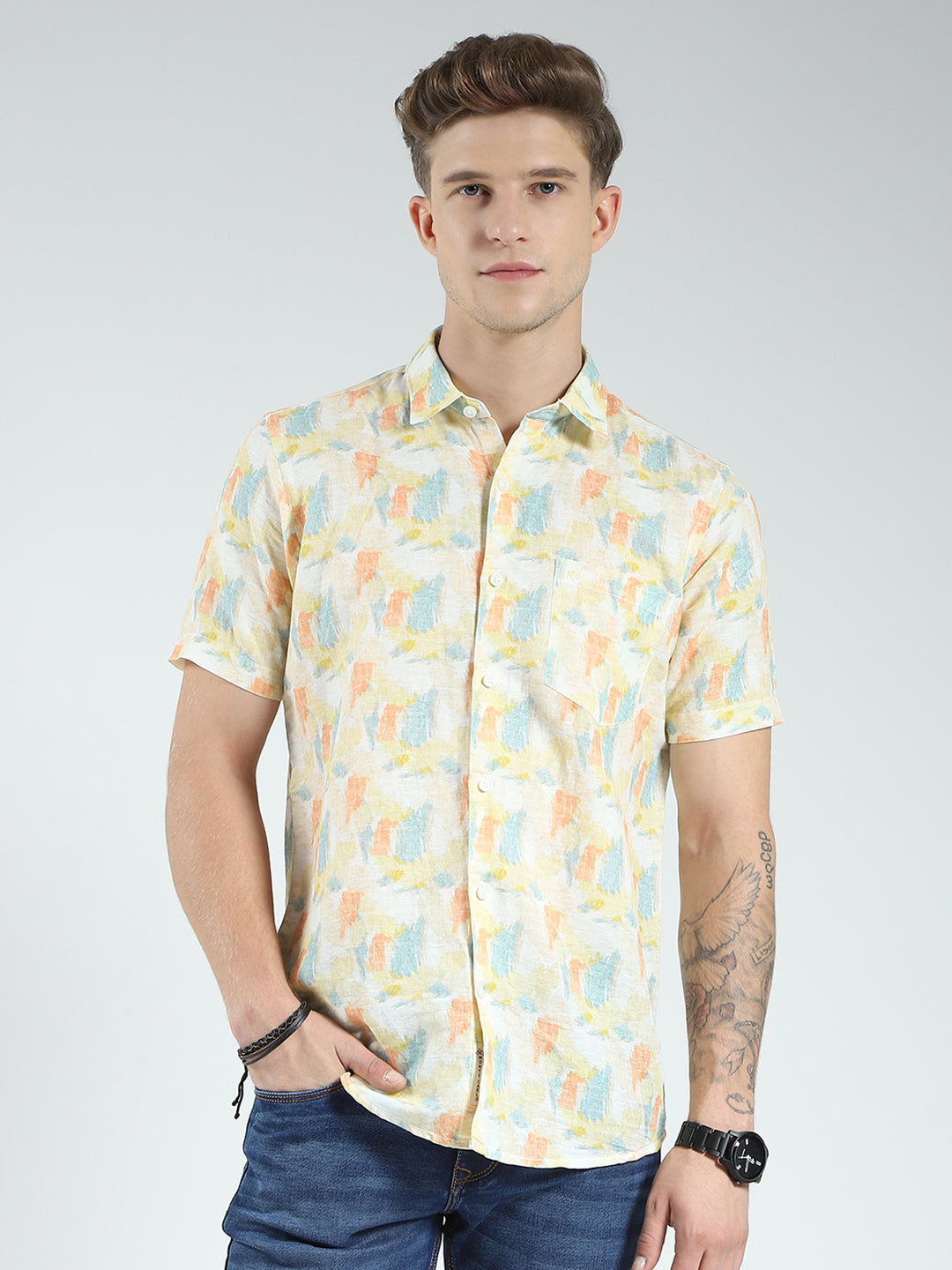 Men Yellow Printed Collar Half Sleeve Linen Shirt